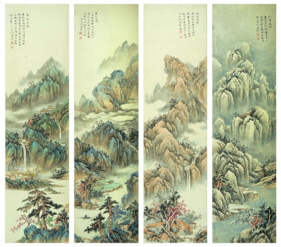山水四屏纸本设色136×34×4